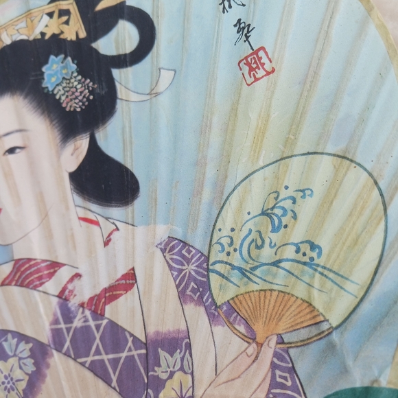 Japanese Geisha Paper Hand Fan Wooden Bamboo Handle Antique - Picture 3 of 10